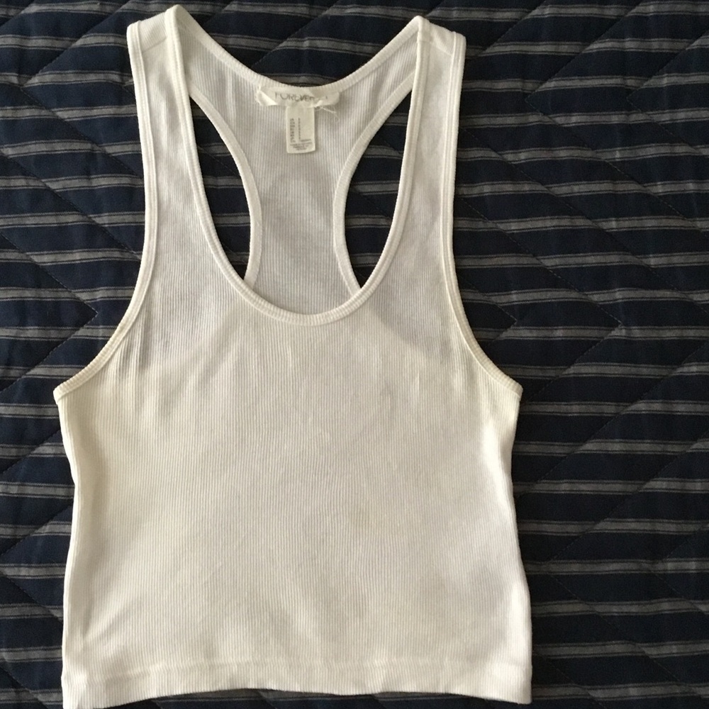 Forever 21 White Ribbed Racerback Cropped Tank Top- size S